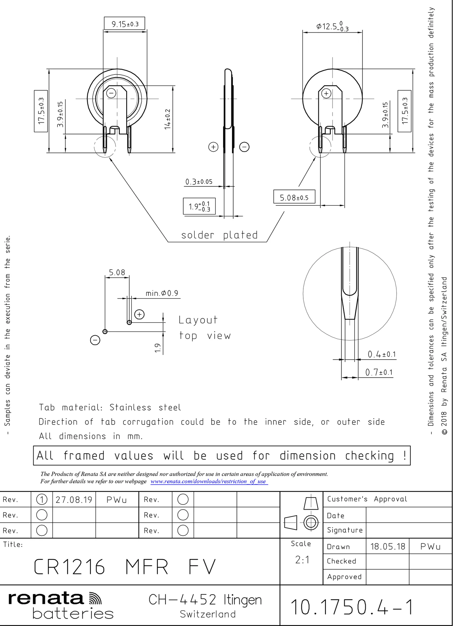 Батарейка RENATA CR1216 MFR FV